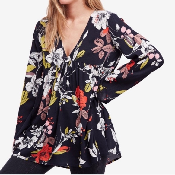 FREE PEOPLE BELLA PRINTED FLORAL V-NECK LONG SLEEVE TUNIC, BLACK, SIZE XS (NWT) - Picture 7 of 7